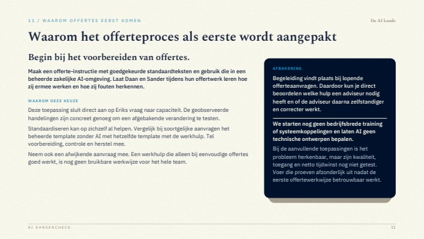 Voorbeeldpagina met onderbouwde keuzes uit een AI Kansencheck-rapport